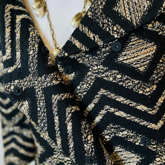 GIAMBATTISTA VALLI DESIGNER WOOL BLACK METALLIC GOLD CROPPED FITTED JACKET ITALY
